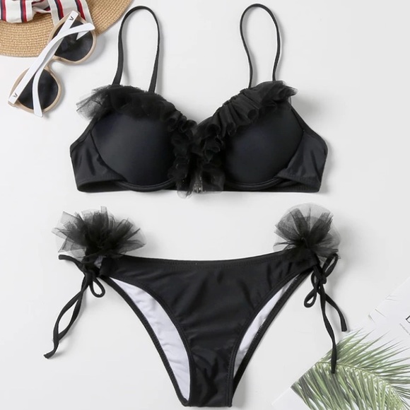 CLEARANCE Black Tulle Ruffle Romantic 2Pc Bikini Swimsuit - Picture 5 of 8